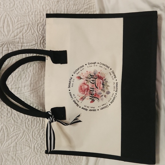 New! Canvas tote large bag with scripture religious Christian flower white black - Picture 5 of 7